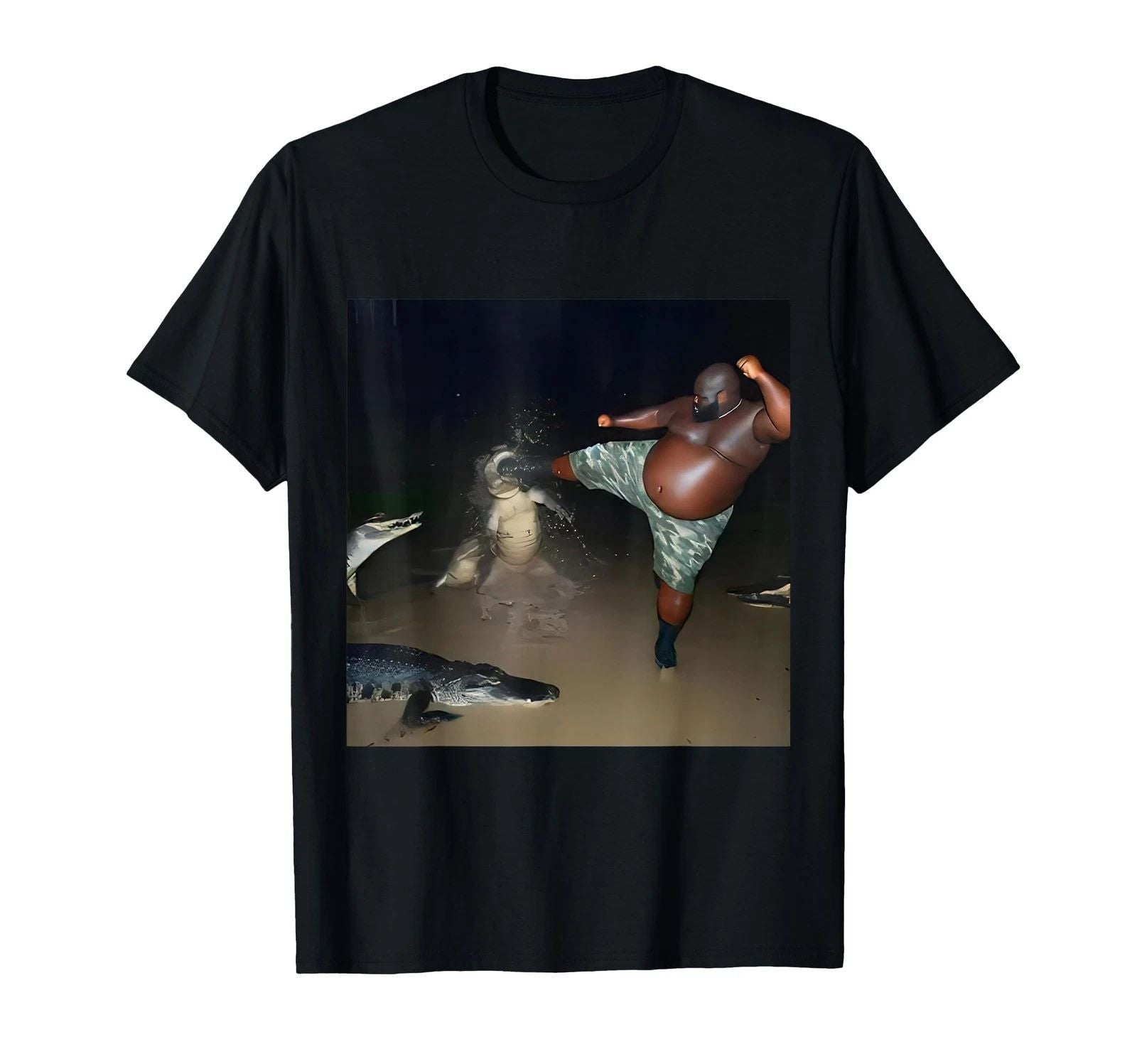 Man Kick Alligator in Swamp Funny Oddly Specific Meme T-Shirt (1) Unisex T-shirt, Sweatshirt, Hoodie, Long Sleeve Tee - T-Shirt, Sweatshirt, Hoodie