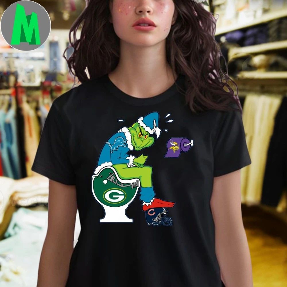 The Grinch wears a Detroit Lions jersey He sits on a Green Bay toilet And uses toilet paper with the Minnesota Vikings logo Shirt football jersey product view 4