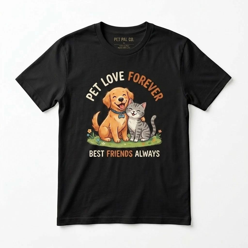 Pet Love Forever T-Shirt Golden Retriever Dog & Cat Best Friends Always Men Blac Unisex T-shirt, Sweatshirt, Hoodie, Long Sleeve Tee - T-Shirt, Sweatshirt, Hoodie