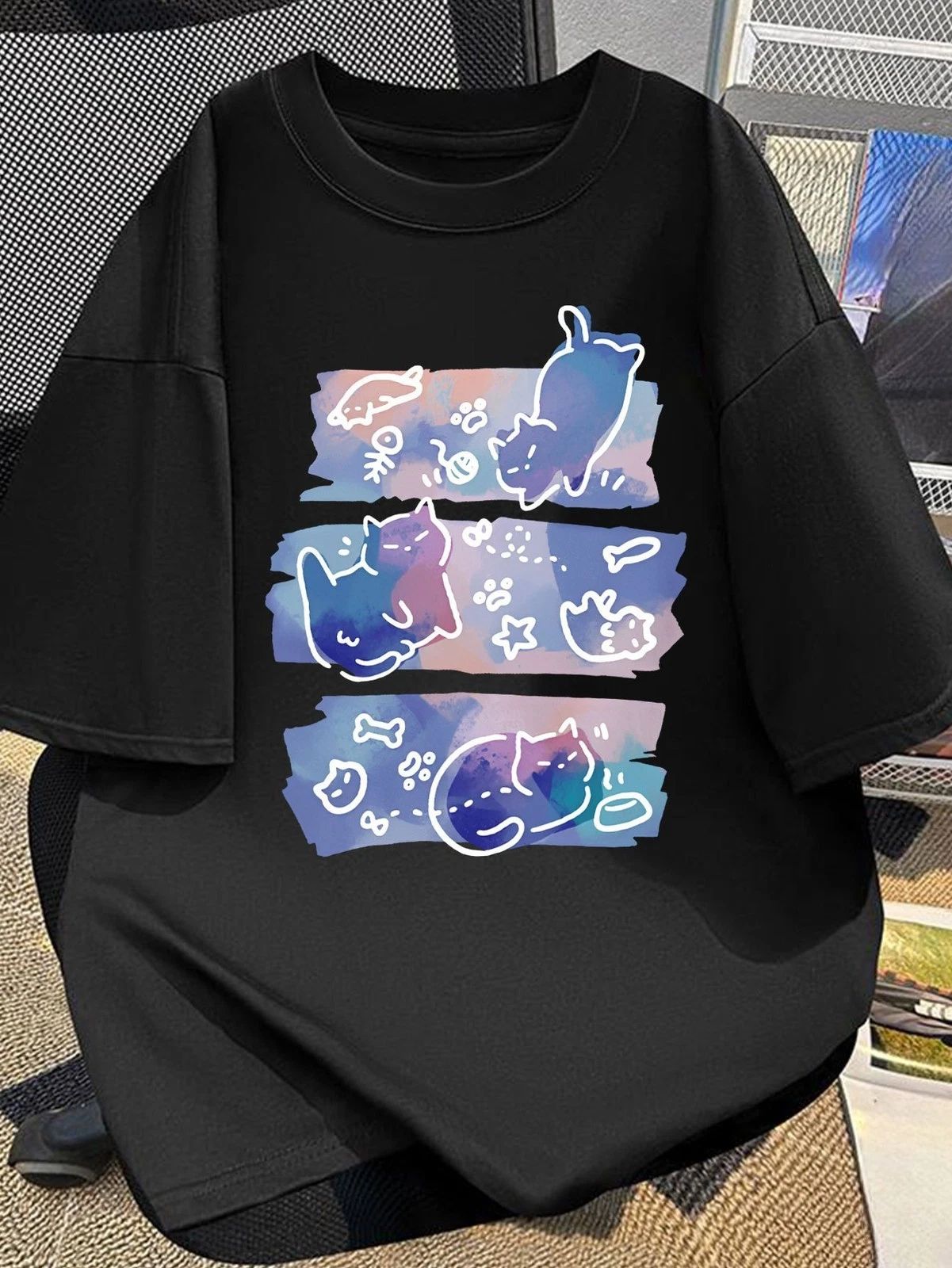 Men's Summer Casual Streetwear T-Shirt - Black Cat Print Short Sleeve Round Nec Unisex T-shirt, Sweatshirt, Hoodie, Long Sleeve Tee - T-Shirt, Sweatshirt, Hoodie