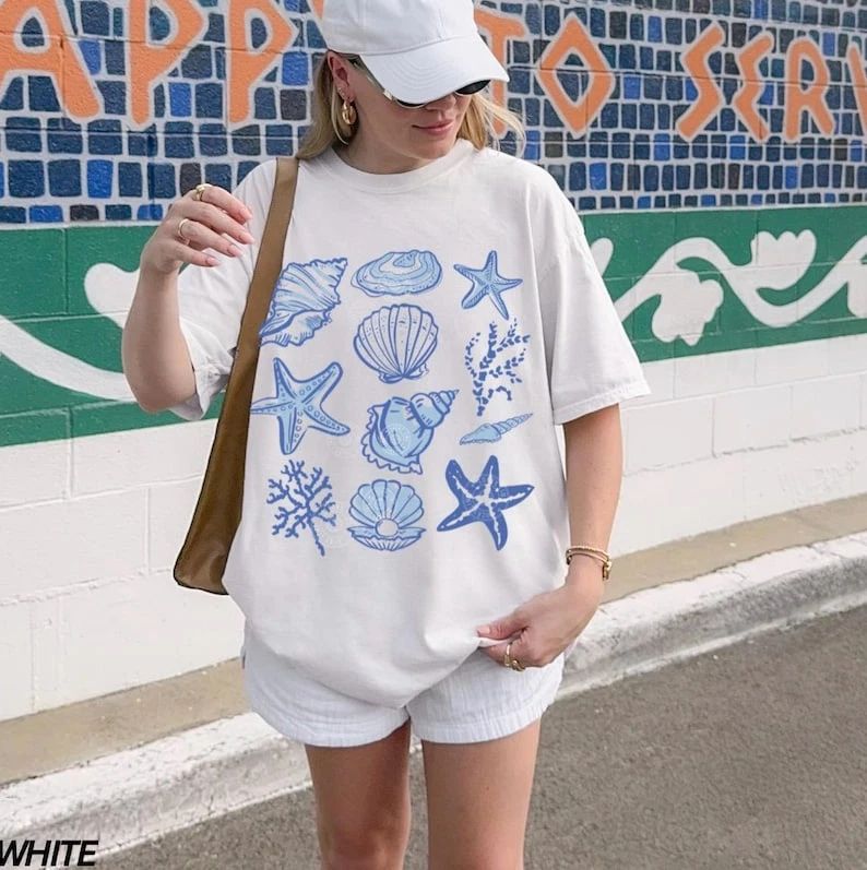 Seashell Shirt, Beach Shirt, Womens Summer Shirt, Ocean Lover, Cute Vacation Unisex T-shirt, Sweatshirt, Hoodie, Long Sleeve Tee - T-Shirt, Sweatshirt, Hoodie