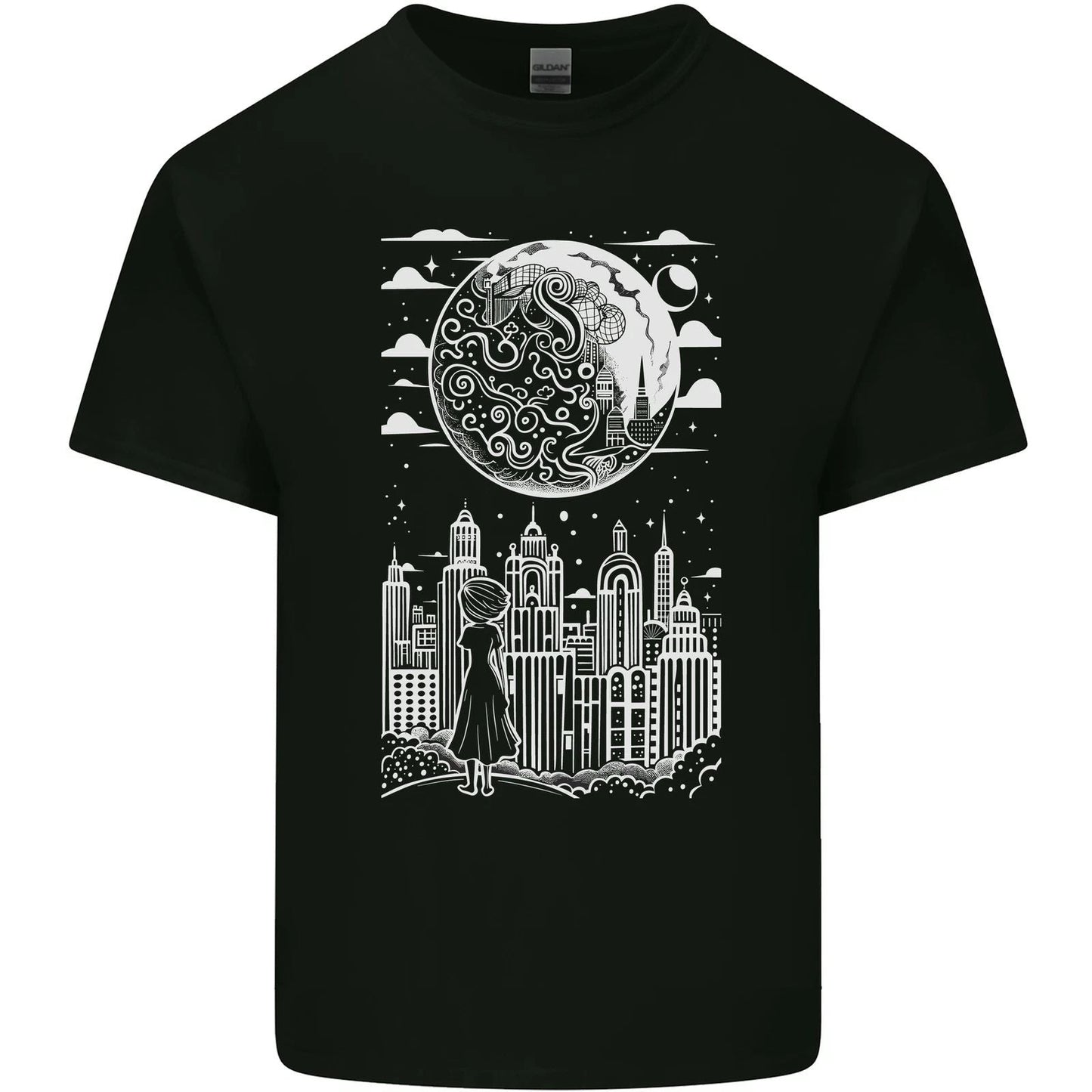 Fantasy City Black and White City Anime Mens Cotton T-Shirt Tee Top Unisex T-shirt, Sweatshirt, Hoodie, Long Sleeve Tee - T-Shirt, Sweatshirt, Hoodie
