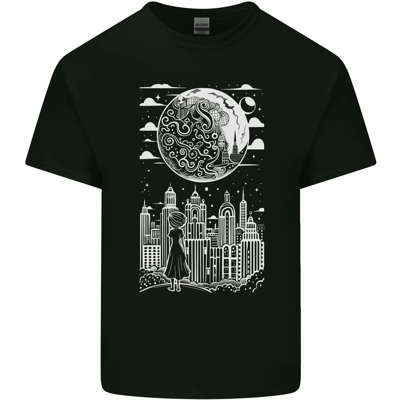 Fantasy City Black and White City Anime Mens Cotton T-Shirt Tee Top Unisex T-shirt, Sweatshirt, Hoodie, Long Sleeve Tee - T-Shirt, Sweatshirt, Hoodie