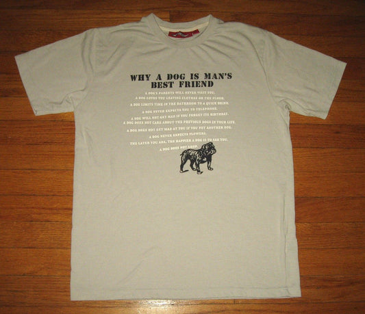 "WHY DOG IS MAN'S BEST FRIEND" Tee, Men's Size SMALL, Gray Tee w/ FUNNY REASONS Unisex T-shirt, Sweatshirt, Hoodie, Long Sleeve Tee - T-Shirt, Sweatshirt, Hoodie