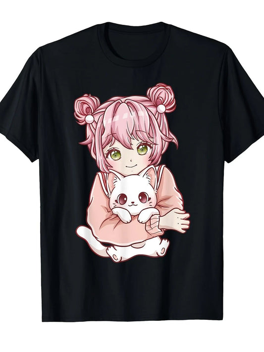 Anime Girl Cat Cats Kawaii T Shirt[Cool Design] Street Trending Style Tee Comf Unisex T-shirt, Sweatshirt, Hoodie, Long Sleeve Tee - T-Shirt, Sweatshirt, Hoodie