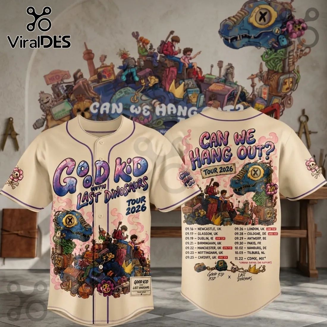 Good Kid x Last Dinosaurs 2026 Tour Beige Baseball Jersey baseball jersey product view 1
