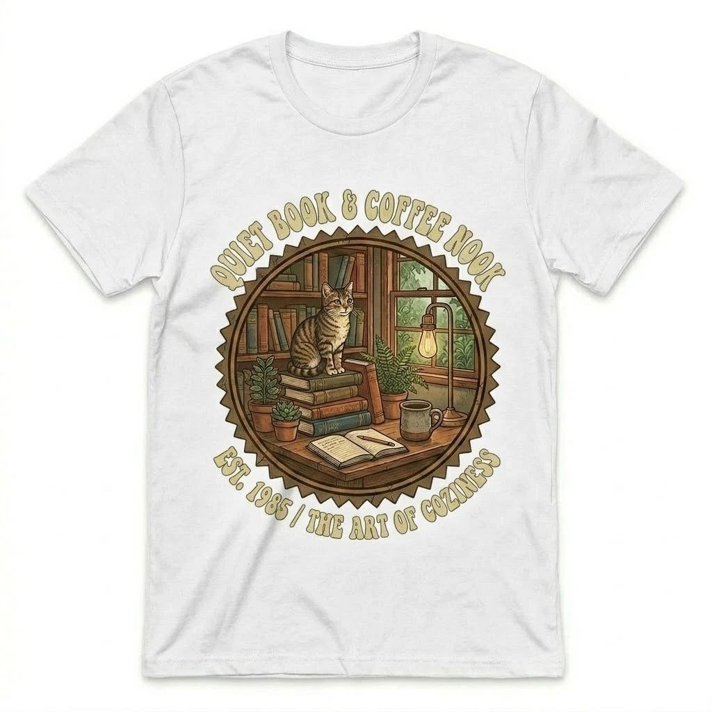 Quiet Book & Coffee Nook Cat T-Shirt Vintage Reading Cozy Bookworm Gift White Te Unisex T-shirt, Sweatshirt, Hoodie, Long Sleeve Tee - T-Shirt, Sweatshirt, Hoodie