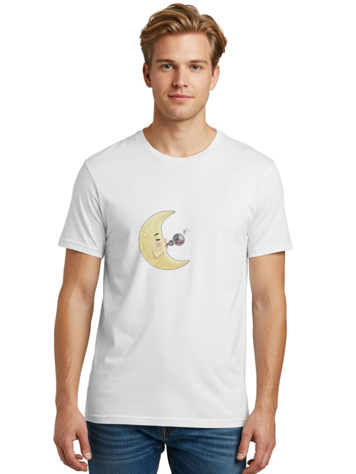 Crescent-Moon-Blowing-Bubbles Mens Graphic Tee, 100% Cotton, Casual Summer Wear Unisex T-shirt, Sweatshirt, Hoodie, Long Sleeve Tee - T-Shirt, Sweatshirt, Hoodie