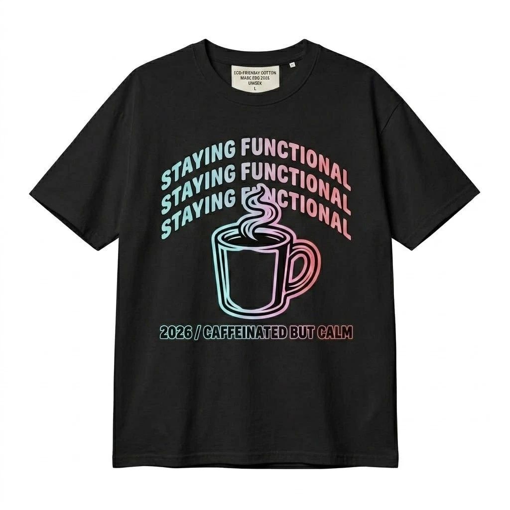 Funny Coffee Shirt Caffeinated But Calm Staying Functional Retro Aesthetic Tee Unisex T-shirt, Sweatshirt, Hoodie, Long Sleeve Tee - T-Shirt, Sweatshirt, Hoodie