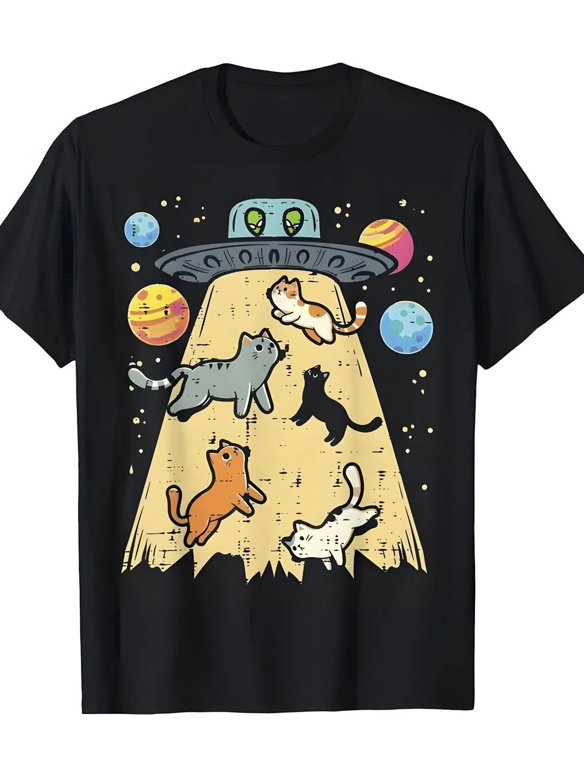 Men'S Retro Cartoon UFO Cat Abduction Graphic T-Shirt  Whimsical Design Featur Unisex T-shirt, Sweatshirt, Hoodie, Long Sleeve Tee - T-Shirt, Sweatshirt, Hoodie