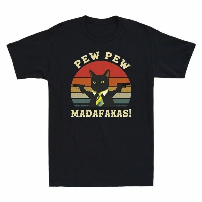 Black T-Shirt Retro Lover Gift Pew Cotton Men's Madafakas Funny Cat Cat Top Pew Unisex T-shirt, Sweatshirt, Hoodie, Long Sleeve Tee - T-Shirt, Sweatshirt, Hoodie