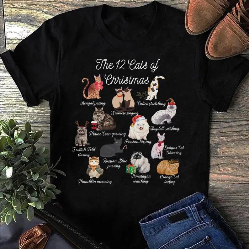 12 Cats of Christmas T-Shirt: Funny Cat Lover Gift Unisex T-shirt, Sweatshirt, Hoodie, Long Sleeve Tee - T-Shirt, Sweatshirt, Hoodie