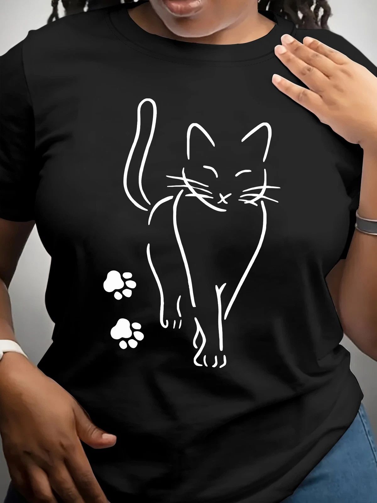 UnisexCasual Cat Print T-shirt - Simple White Line Art,Popular Round Neck M Unisex T-shirt, Sweatshirt, Hoodie, Long Sleeve Tee - T-Shirt, Sweatshirt, Hoodie