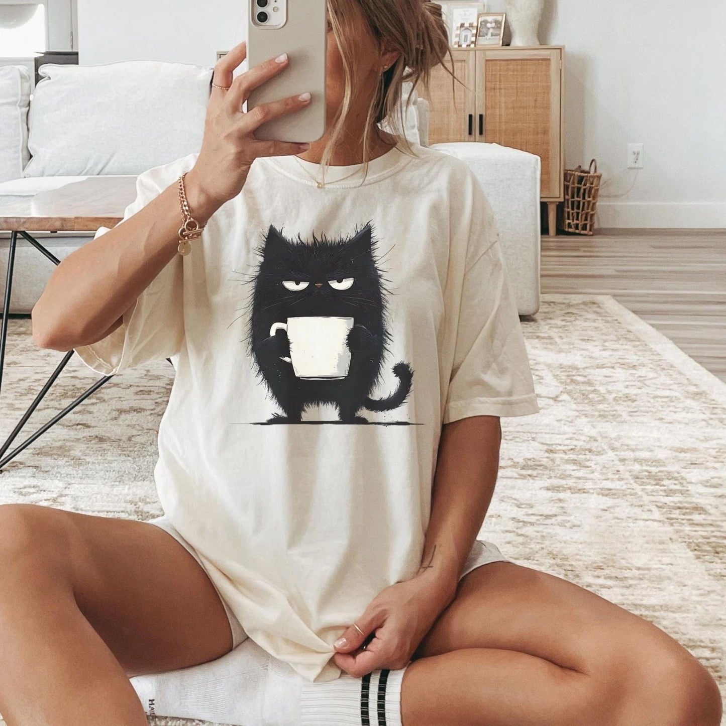 Funny Black Cat Coffee Shirt, Kawaii tired cat T shirt, Grumpy Cat Holding Mug Unisex T-shirt, Sweatshirt, Hoodie, Long Sleeve Tee - T-Shirt, Sweatshirt, Hoodie