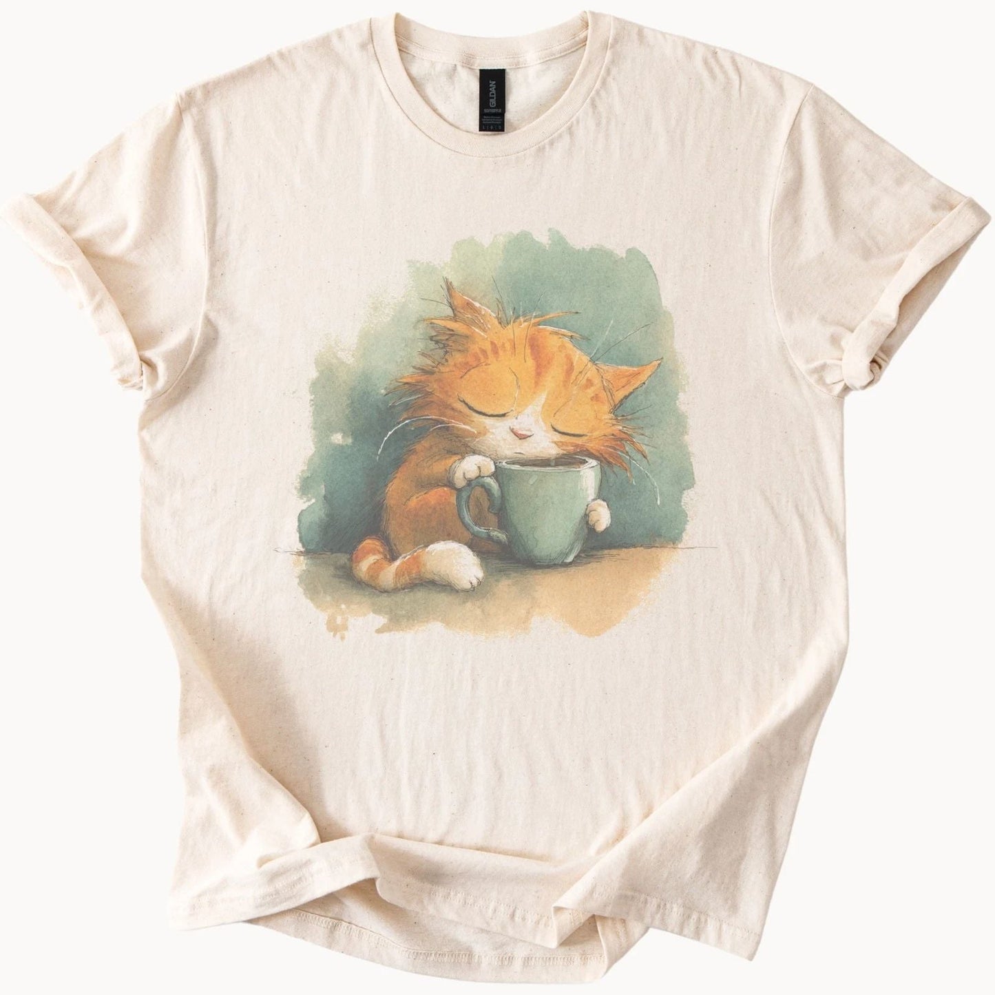 Ginger Cat Coffee Cup Graphic Tee Whimsical Animal Art Natural Shirt Unisex T-shirt, Sweatshirt, Hoodie, Long Sleeve Tee - T-Shirt, Sweatshirt, Hoodie