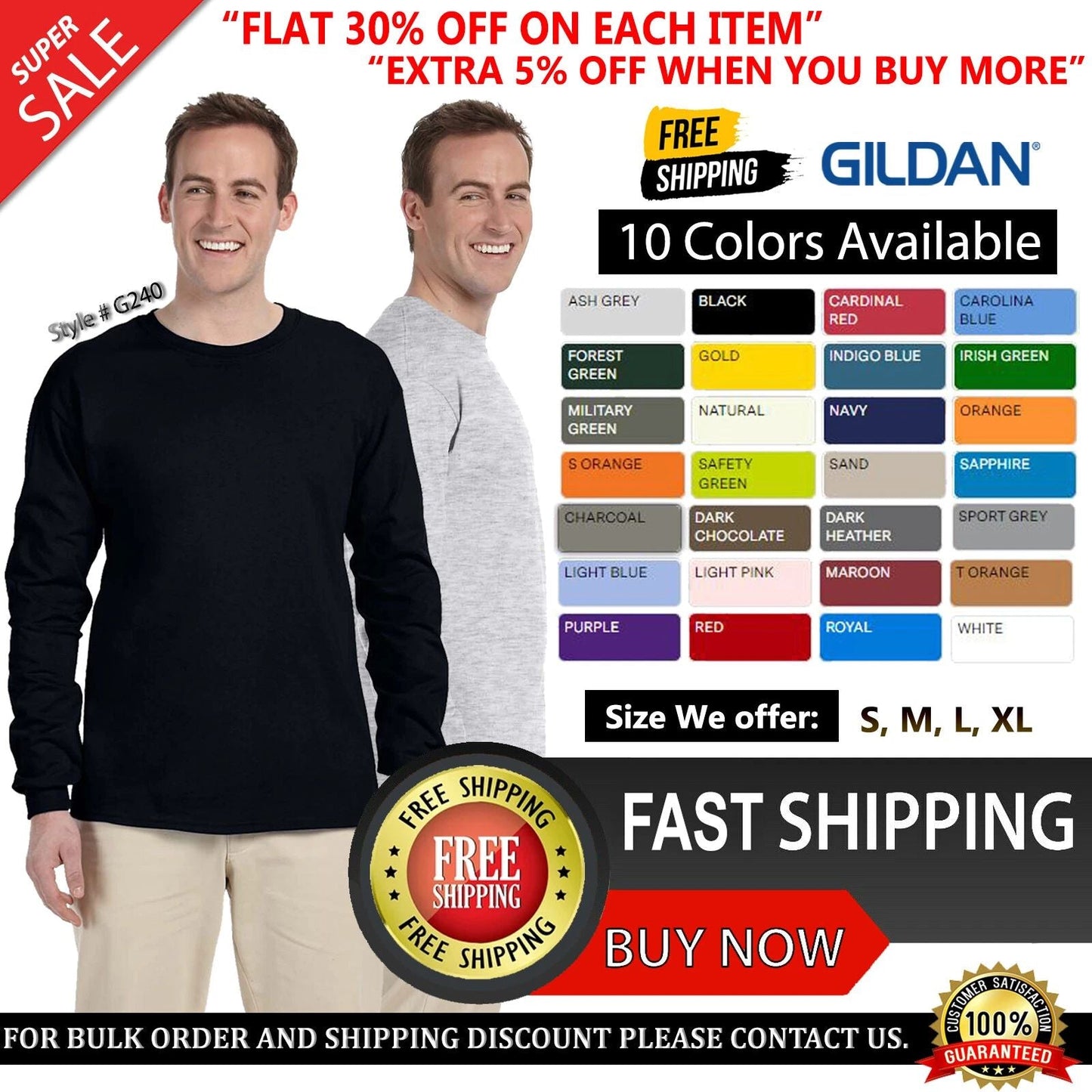 Gildan Ultra Cotton Mens G240 Crewneck T Shirt Blank Long Sleeve T-Shirt - 2400 Unisex T-shirt, Sweatshirt, Hoodie, Long Sleeve Tee - T-Shirt, Sweatshirt, Hoodie