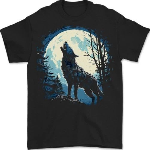 Moonlit Howling Wolf Fantasy Mens T-Shirt 100% Cotton Unisex T-shirt, Sweatshirt, Hoodie, Long Sleeve Tee - T-Shirt, Sweatshirt, Hoodie