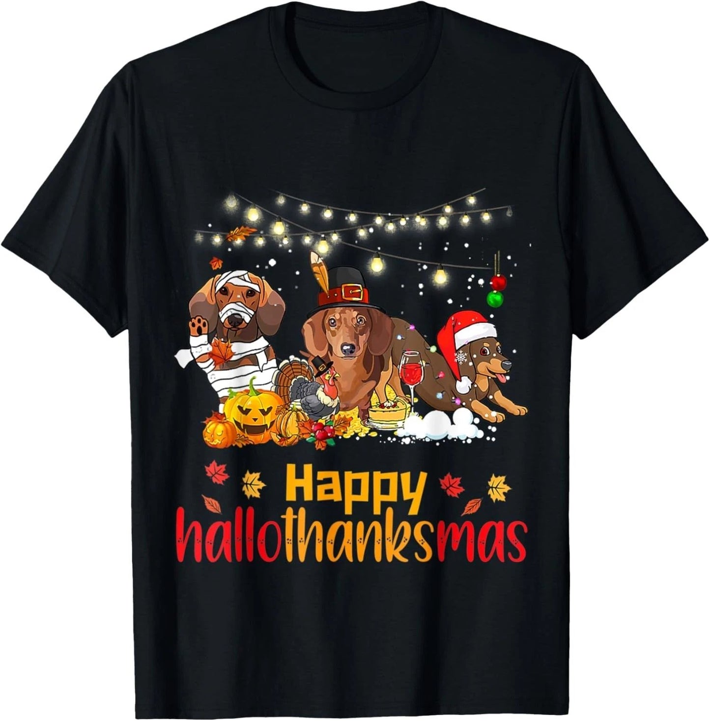 Halloween Christmas Happy Hallothanksmas Dachshund Dog Lover T-Shirt Unisex T-shirt, Sweatshirt, Hoodie, Long Sleeve Tee - T-Shirt, Sweatshirt, Hoodie