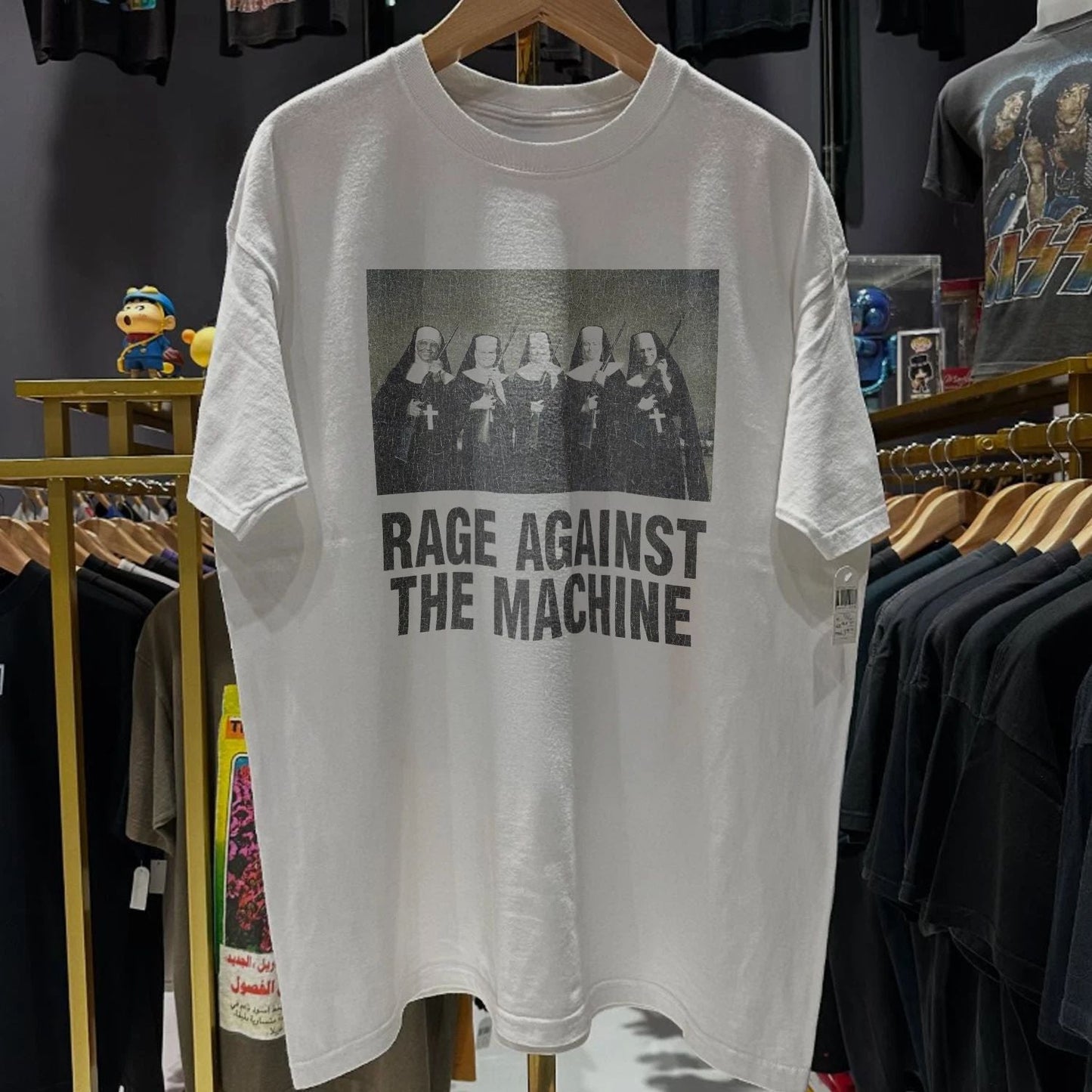 90s RATM Nuns And Guns Washed T-Shirt White M Unisex T-shirt, Sweatshirt, Hoodie, Long Sleeve Tee - T-Shirt, Sweatshirt, Hoodie