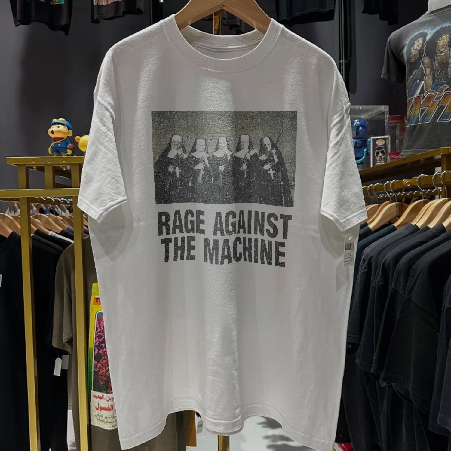 90s RATM Nuns And Guns Washed T-Shirt White M Unisex T-shirt, Sweatshirt, Hoodie, Long Sleeve Tee - T-Shirt, Sweatshirt, Hoodie