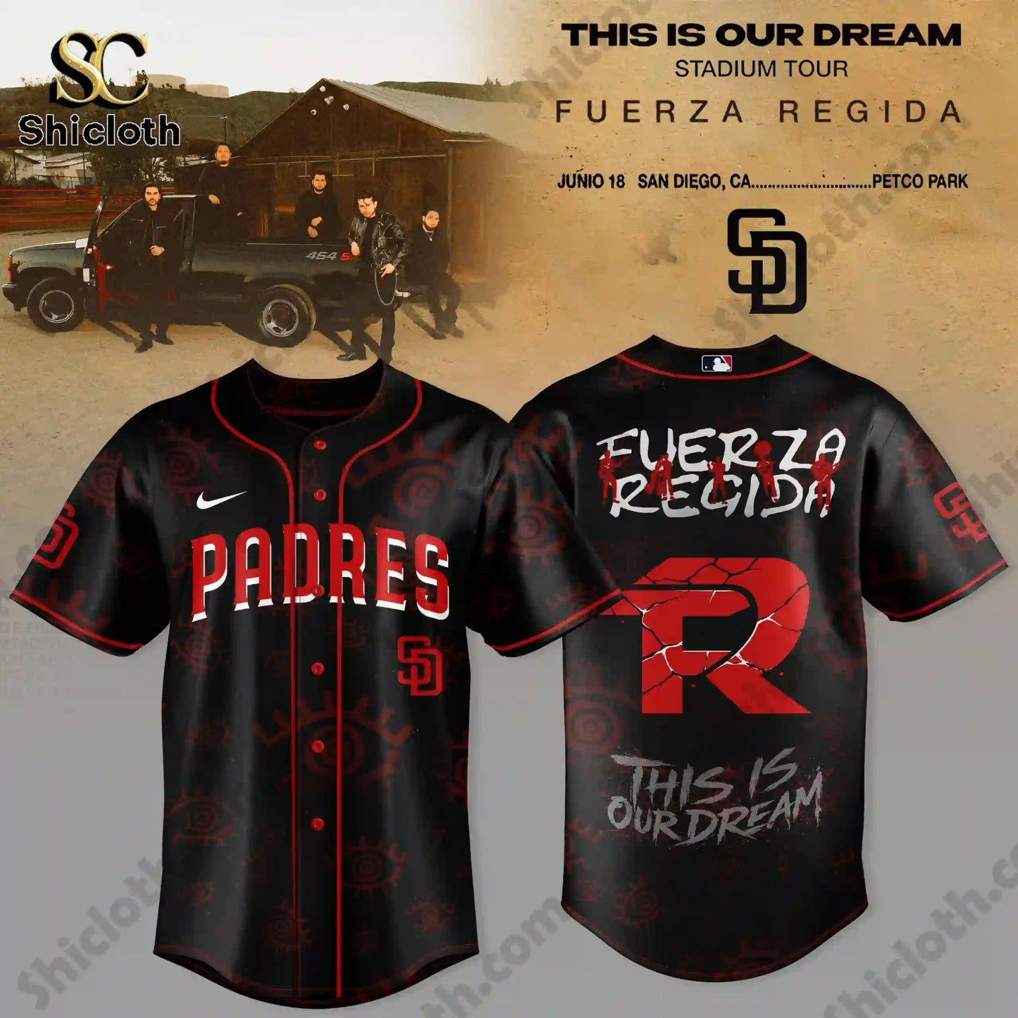 San Diego Padres x Fuerza Regida This Is Our Dream Stadium Tour 2026 Jersey baseball jersey product view 3