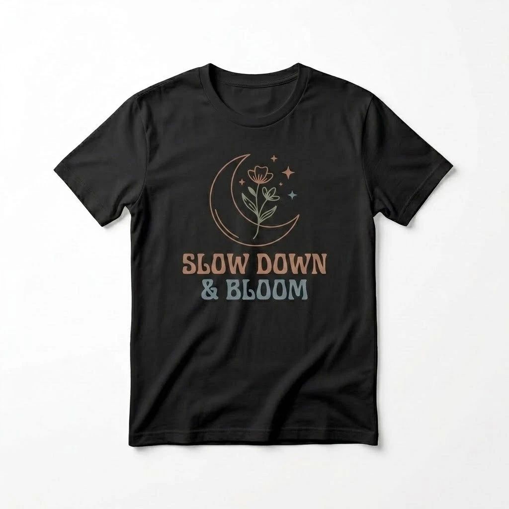 Slow Down & Bloom Shirt Aesthetic Celestial Moon Floral Tee Boho Graphic T-Shirt Unisex T-shirt, Sweatshirt, Hoodie, Long Sleeve Tee - T-Shirt, Sweatshirt, Hoodie
