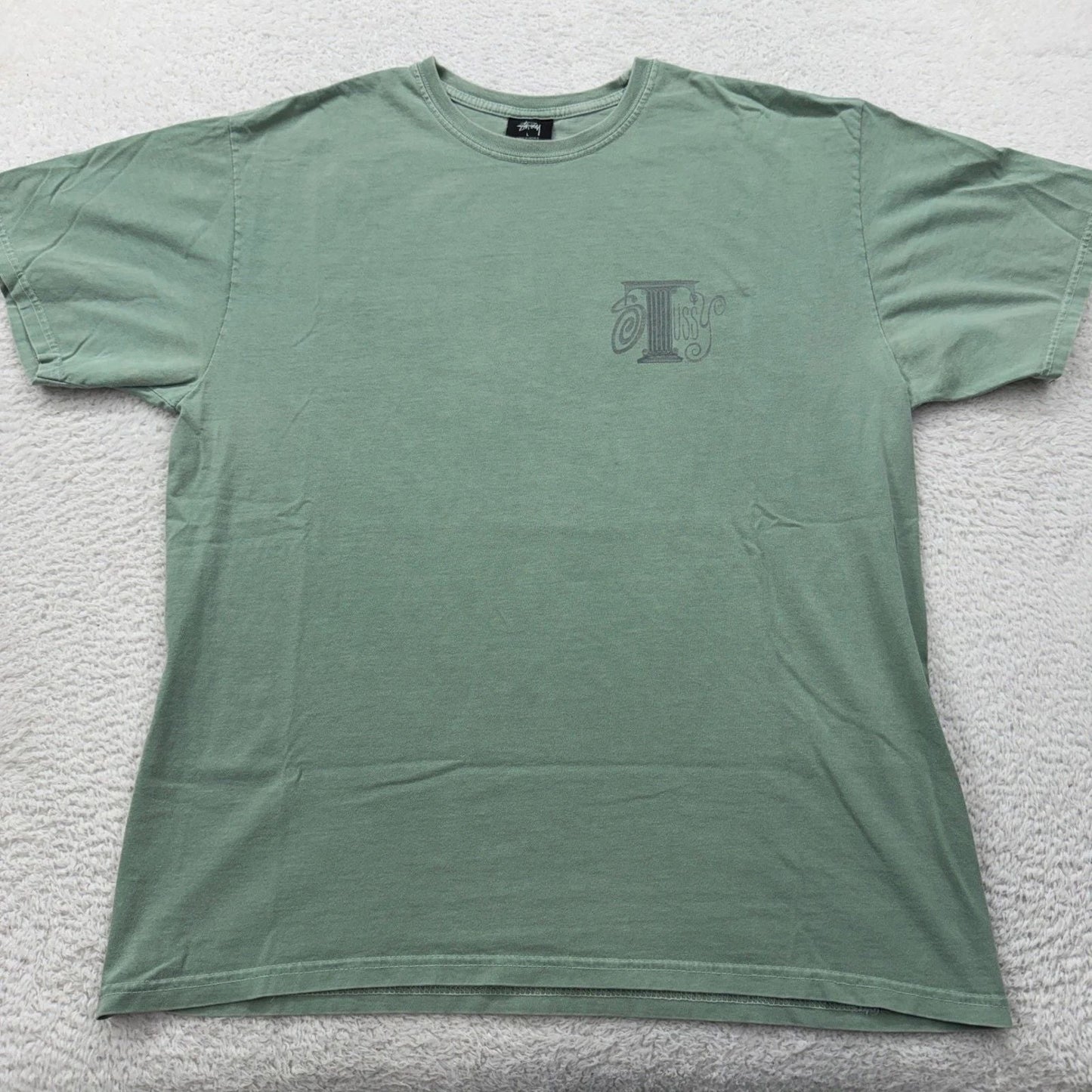 Stussy Mens Roman Column Graphic T-Shirt Sage Green Short Sleeve L 1989 Print Unisex T-shirt, Sweatshirt, Hoodie, Long Sleeve Tee - T-Shirt, Sweatshirt, Hoodie