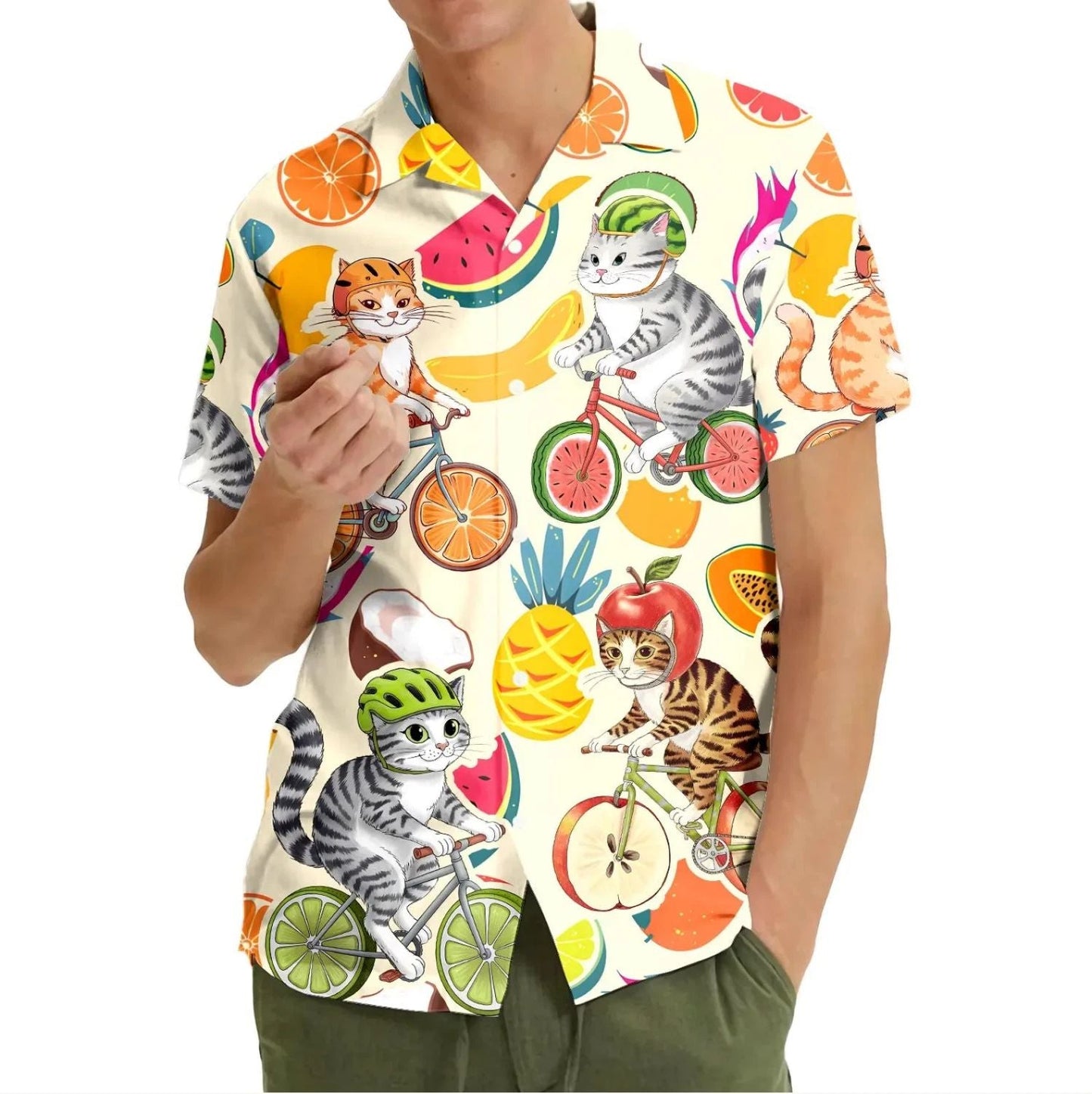 Cute Cat Hawaiian Shirt Bicycle Cats Fruit Aloha Summer Vacation Unisex Unisex T-shirt, Sweatshirt, Hoodie, Long Sleeve Tee - T-Shirt, Sweatshirt, Hoodie
