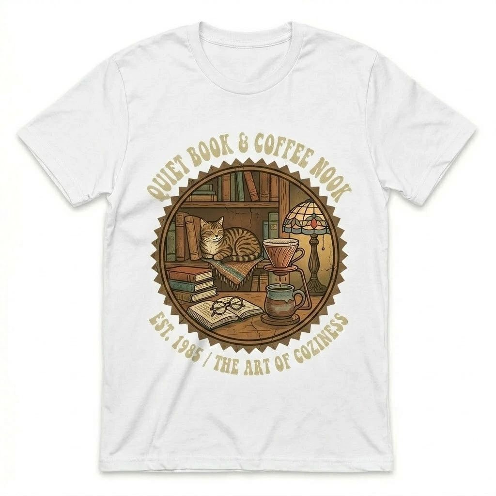 Vintage Cat Coffee Book Lover T-Shirt Retro Cozy Reading Nook Graphic Tee White Unisex T-shirt, Sweatshirt, Hoodie, Long Sleeve Tee - T-Shirt, Sweatshirt, Hoodie