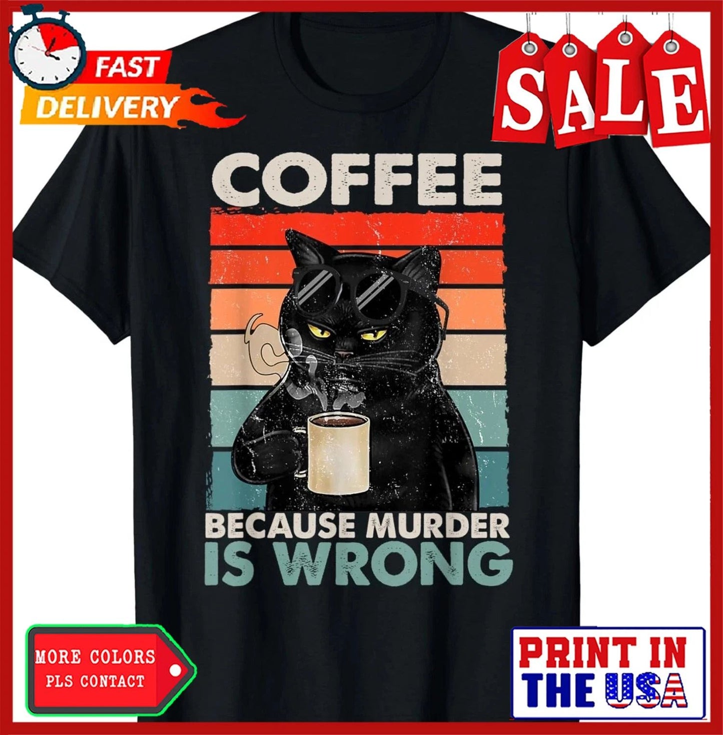 Vintage Coffee Because Murder Is Wrongs Essential Cat Lover Gift Unisex T-Shirt Unisex T-shirt, Sweatshirt, Hoodie, Long Sleeve Tee - T-Shirt, Sweatshirt, Hoodie