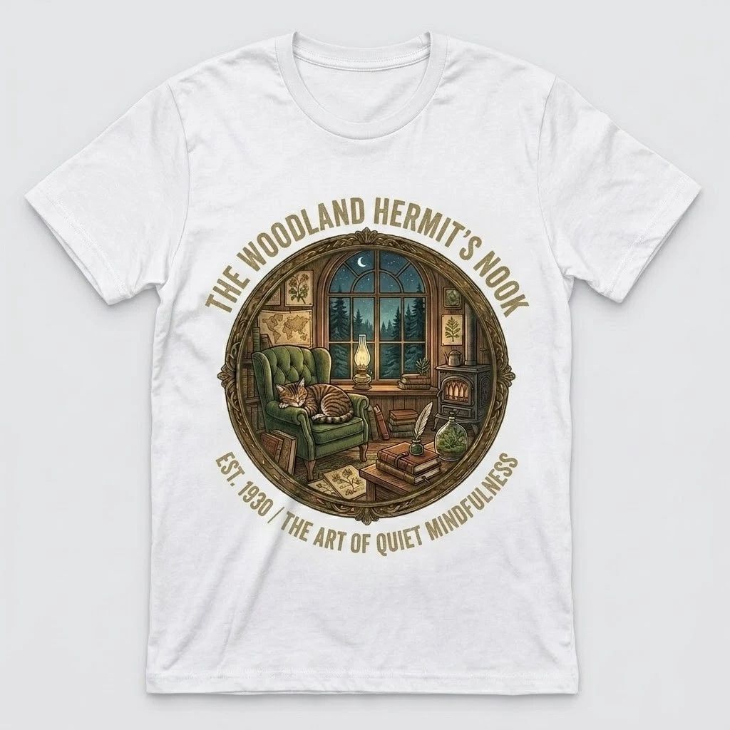 The Woodland Hermit's Nook T-Shirt Cozy Cat Cabin Core Mindfulness Graphic Tee Unisex T-shirt, Sweatshirt, Hoodie, Long Sleeve Tee - T-Shirt, Sweatshirt, Hoodie