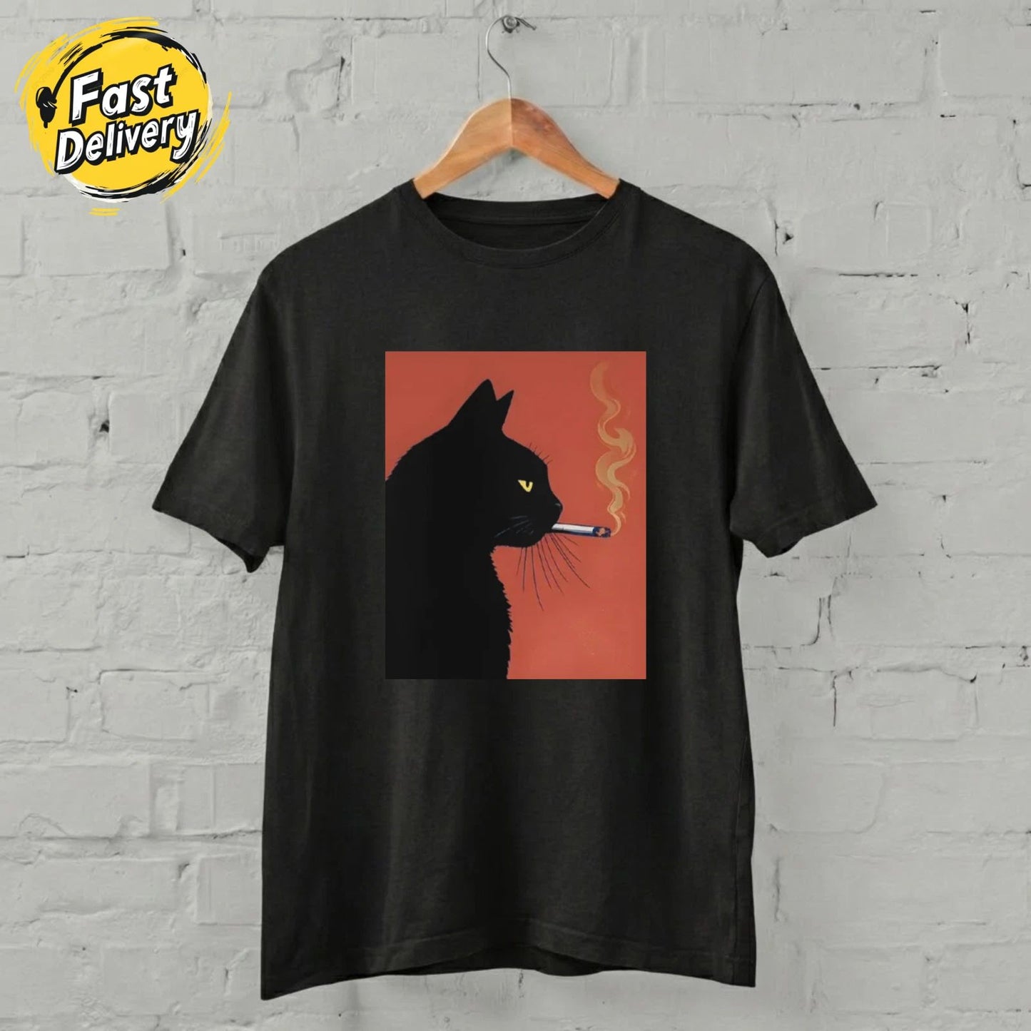 US SELLER - Black Cat Smoking Shirt Minimalist Cool Cat Aesthetic T-Shirt S-5XL Unisex T-shirt, Sweatshirt, Hoodie, Long Sleeve Tee - T-Shirt, Sweatshirt, Hoodie