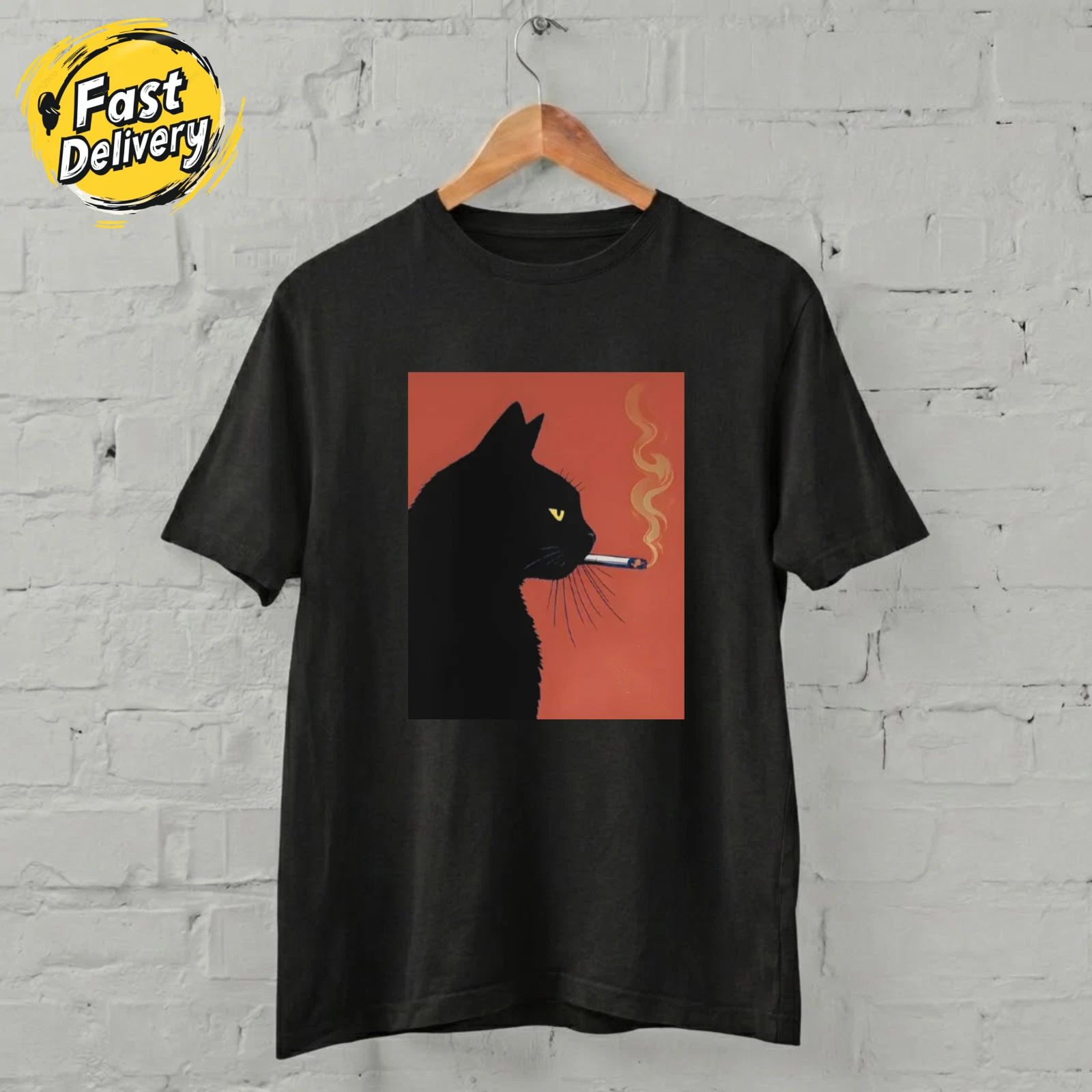 US SELLER - Black Cat Smoking Shirt Minimalist Cool Cat Aesthetic T-Shirt S-5XL Unisex T-shirt, Sweatshirt, Hoodie, Long Sleeve Tee - T-Shirt, Sweatshirt, Hoodie