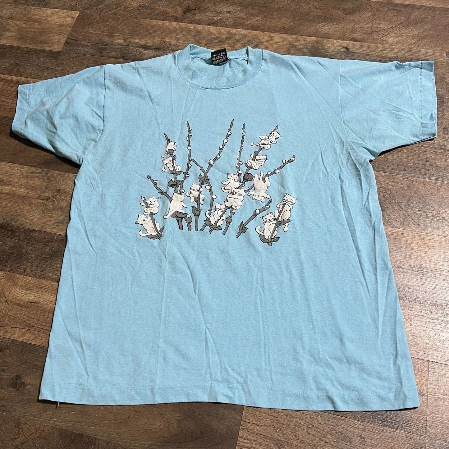 Vintage 80s Petals Cat Climbing Tree Graphic T-Shirt Tee Blue Cute Adult L Large Unisex T-shirt, Sweatshirt, Hoodie, Long Sleeve Tee - T-Shirt, Sweatshirt, Hoodie