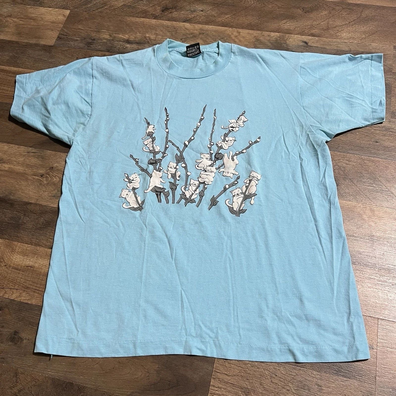 Vintage 80s Petals Cat Climbing Tree Graphic T-Shirt Tee Blue Cute Adult L Large Unisex T-shirt, Sweatshirt, Hoodie, Long Sleeve Tee - T-Shirt, Sweatshirt, Hoodie