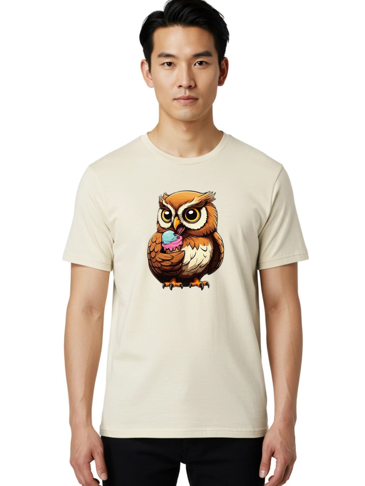 Owl-Eating-Cupcake-2 Mens Graphic Tee, 100% Cotton, Casual Summer Wear Unisex T-shirt, Sweatshirt, Hoodie, Long Sleeve Tee - T-Shirt, Sweatshirt, Hoodie