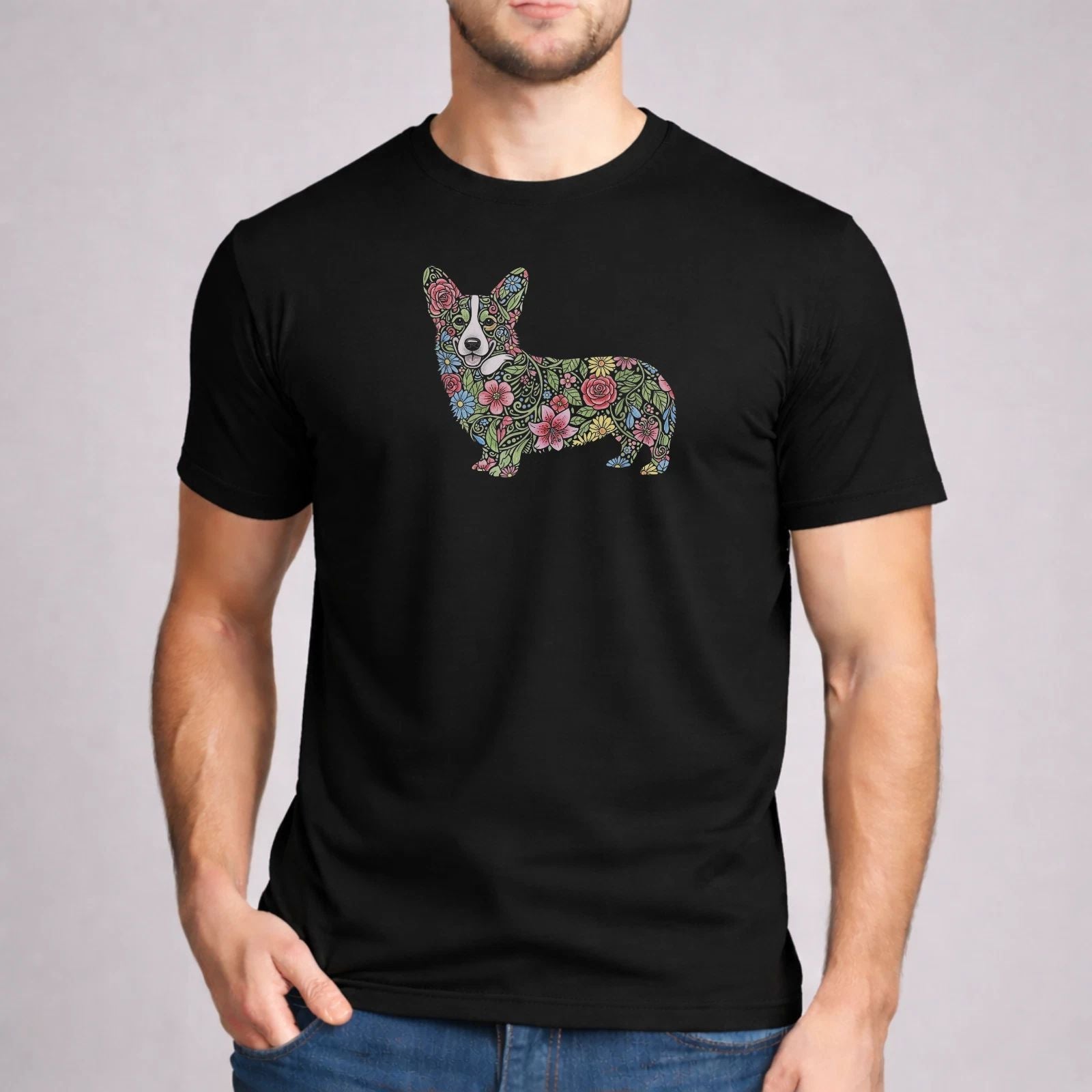Cute Corgi Shirt Floral Dog Silhouette Art Pembroke Welsh Corgi Gift Black Tee Unisex T-shirt, Sweatshirt, Hoodie, Long Sleeve Tee - T-Shirt, Sweatshirt, Hoodie