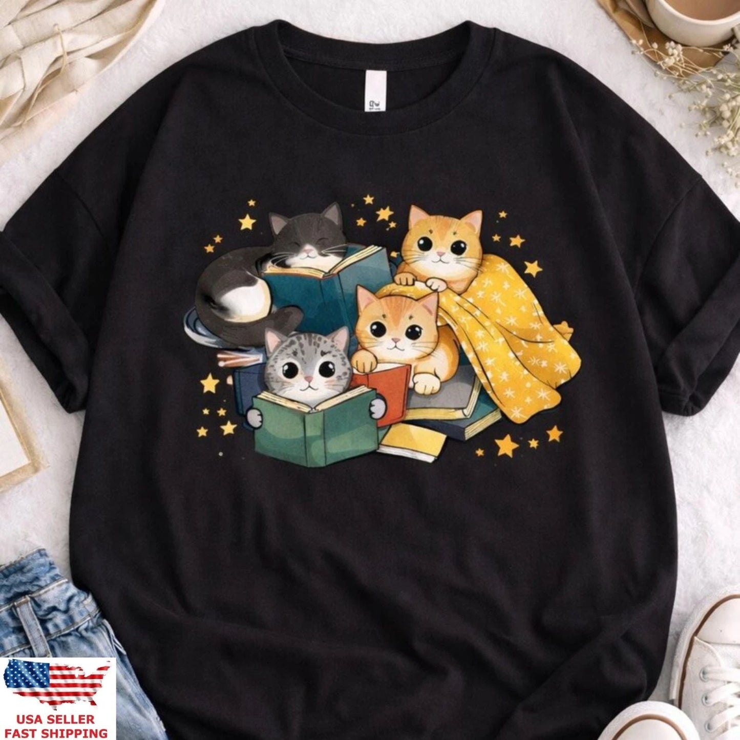 Cute Reading Cats T-Shirt Book Lover Cat Graphic Cozy Kitten Tee Gift Unisex T-shirt, Sweatshirt, Hoodie, Long Sleeve Tee - T-Shirt, Sweatshirt, Hoodie