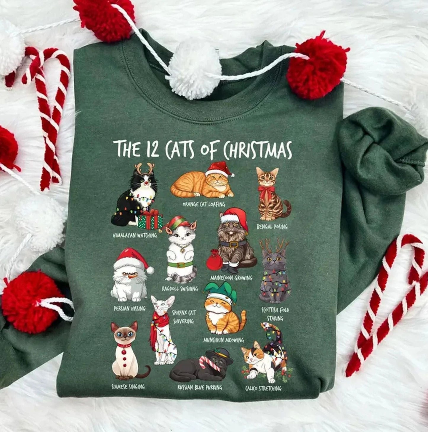 12 Cats of Christmas Sweatshirt, Cat Lover Christmas Shirt, Cat Mom Holiday Tee Unisex T-shirt, Sweatshirt, Hoodie, Long Sleeve Tee - T-Shirt, Sweatshirt, Hoodie