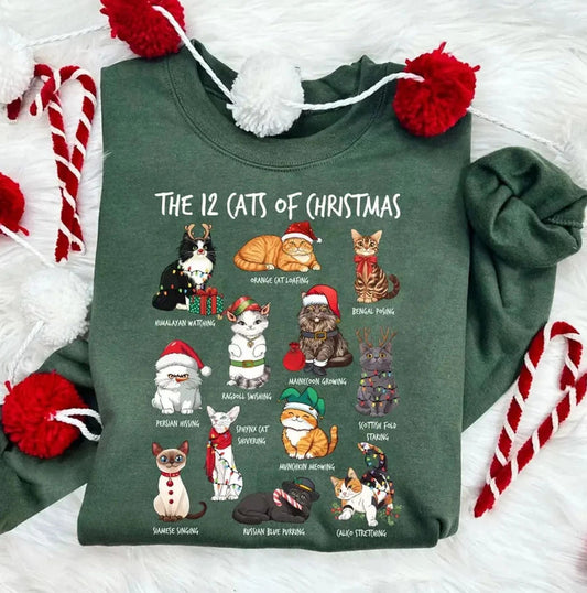 12 Cats of Christmas Sweatshirt, Cat Lover Christmas Shirt, Cat Mom Holiday Tee Unisex T-shirt, Sweatshirt, Hoodie, Long Sleeve Tee - T-Shirt, Sweatshirt, Hoodie