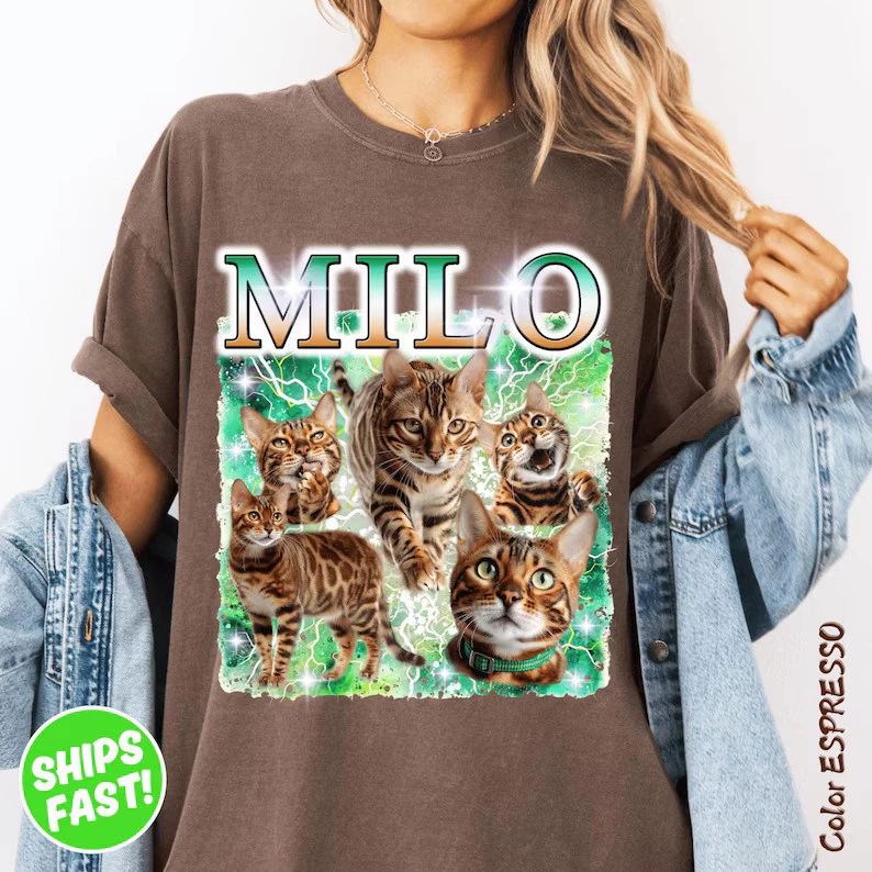 Custom Cat Portrait Bootleg Shirt Personalized Pet Lover Tee Comfort Gift Unisex T-shirt, Sweatshirt, Hoodie, Long Sleeve Tee - T-Shirt, Sweatshirt, Hoodie