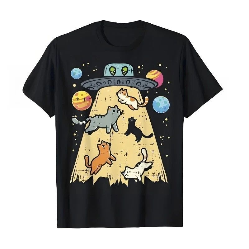 Men'S Retro Cartoon UFO Cat Abduction Graphic T-Shirt  Whimsical Design Cute Tee Unisex T-shirt, Sweatshirt, Hoodie, Long Sleeve Tee - T-Shirt, Sweatshirt, Hoodie