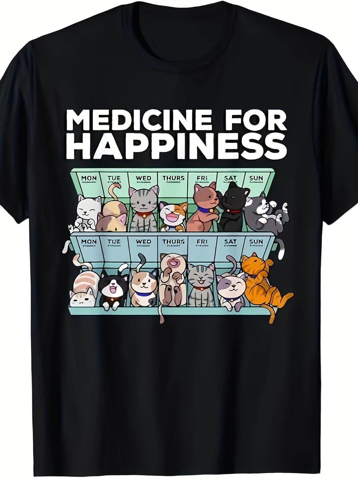 New Men'S Medicine for Happiness Cat Lovers T-Shirt - Black 100% Short Sleeve T Unisex T-shirt, Sweatshirt, Hoodie, Long Sleeve Tee - T-Shirt, Sweatshirt, Hoodie