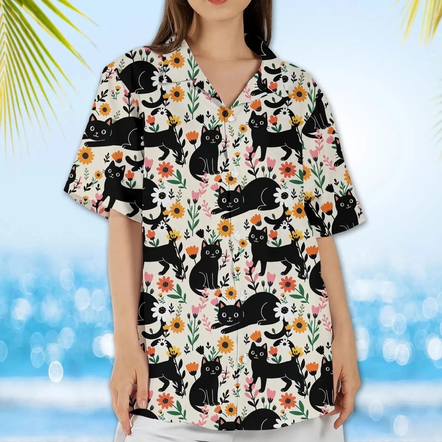 Floral Black Cat Hawaiian Shirt Cute Kitty Aesthetic Button Down Women Unisex T-shirt, Sweatshirt, Hoodie, Long Sleeve Tee - T-Shirt, Sweatshirt, Hoodie
