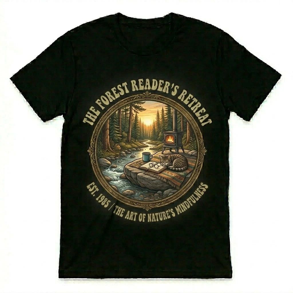 Vintage Forest Reader's Retreat T-Shirt Cat Book Lover Nature Mindfulness Tee Unisex T-shirt, Sweatshirt, Hoodie, Long Sleeve Tee - T-Shirt, Sweatshirt, Hoodie