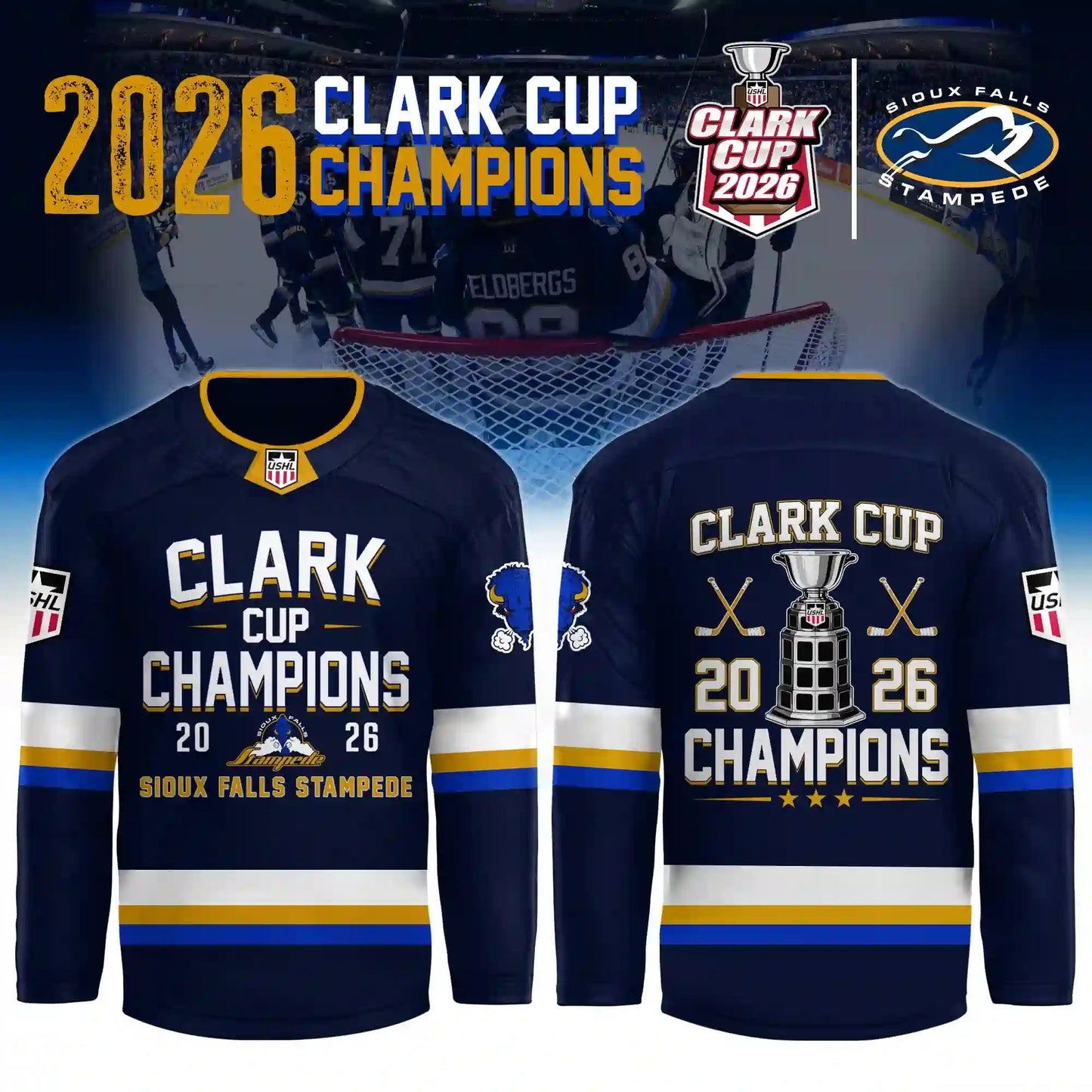 Sioux Falls Stampede Clark Cup Champions 2026 Hockey Jersey hockey jersey product view 2