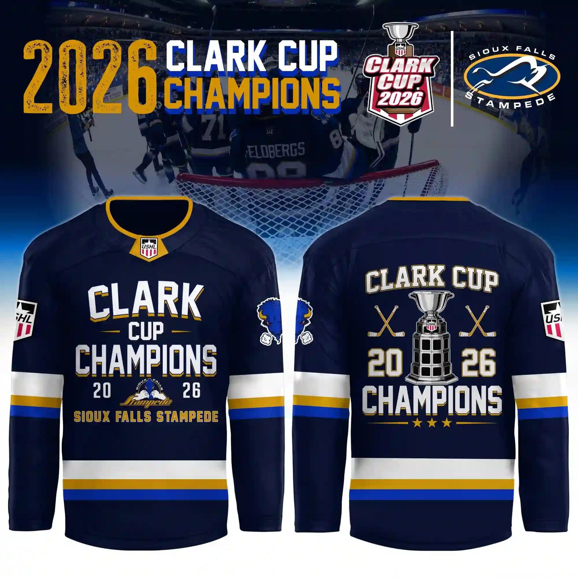 Sioux Falls Stampede Clark Cup Champions 2026 Hockey Jersey hockey jersey product view 2