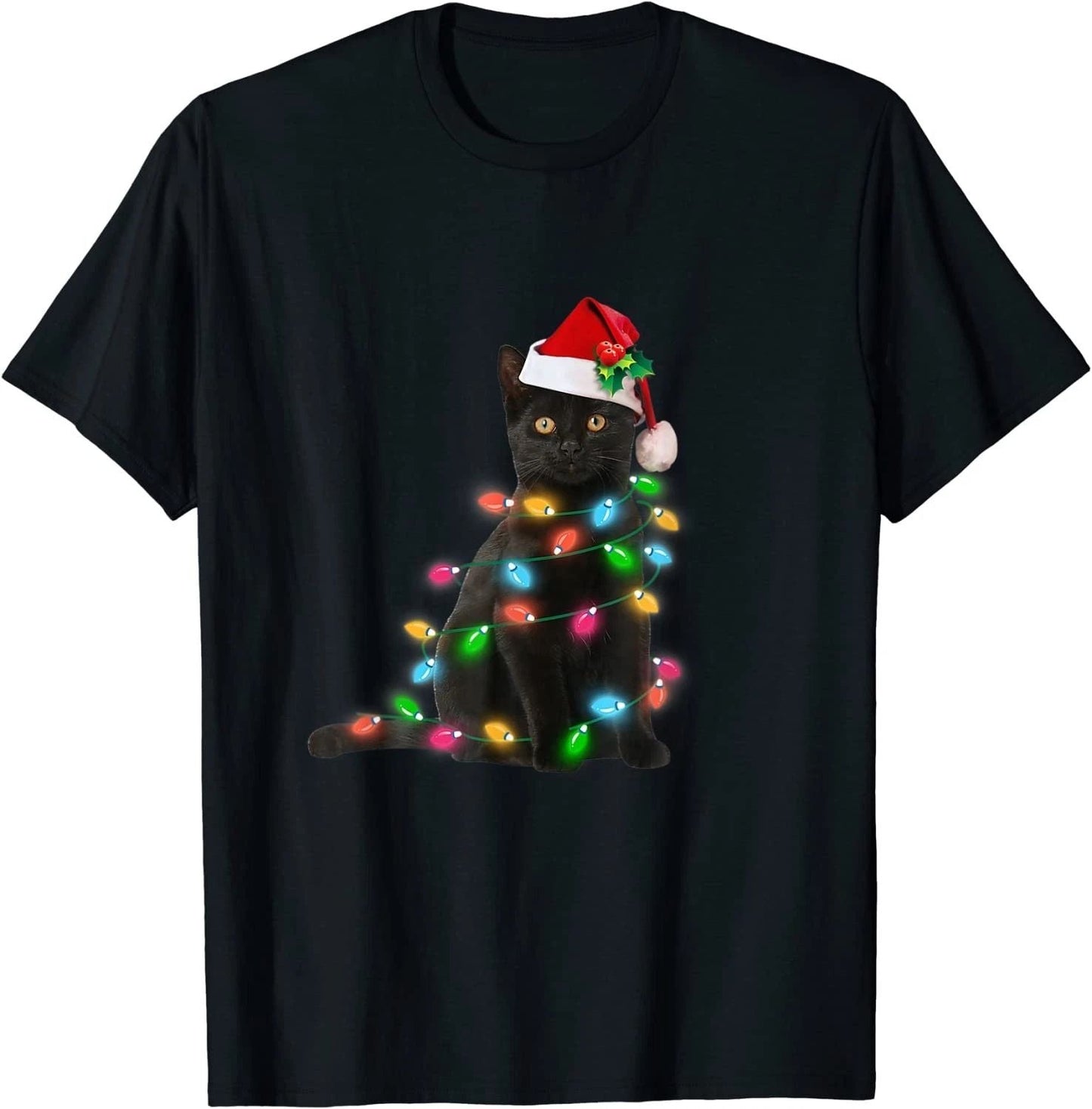 BEST! Cute Black Cat Christmas Light Funny Cat Lover Christmas Tee S-3XL Unisex T-shirt, Sweatshirt, Hoodie, Long Sleeve Tee - T-Shirt, Sweatshirt, Hoodie