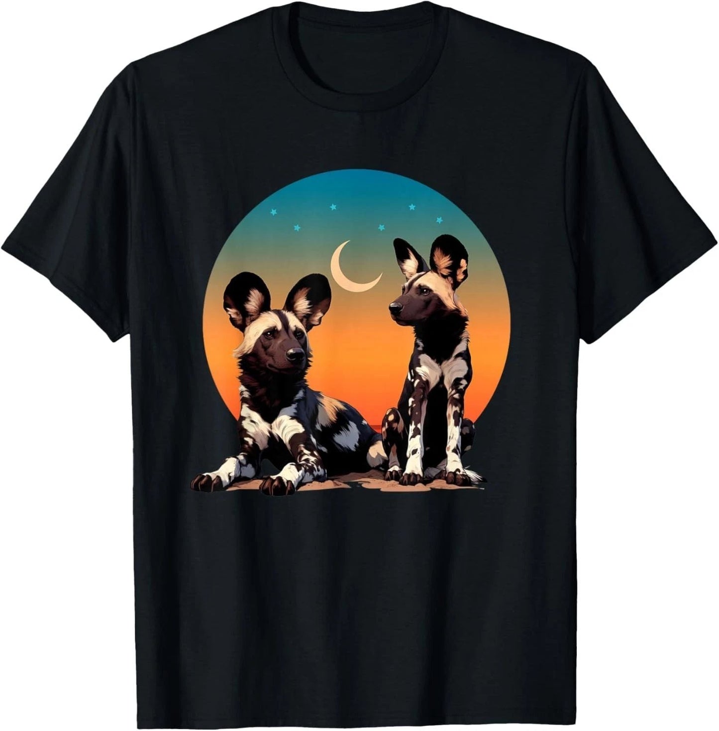 African Painted Wild Dogs Sunset Moon Wild Dog Lovers Design T-Shirt - USA Size Unisex T-shirt, Sweatshirt, Hoodie, Long Sleeve Tee - T-Shirt, Sweatshirt, Hoodie