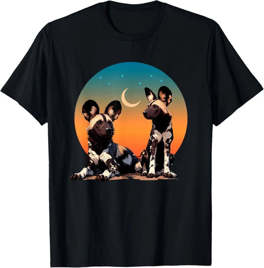 African Painted Wild Dogs Sunset Moon Wild Dog Lovers Design T-Shirt - USA Size Unisex T-shirt, Sweatshirt, Hoodie, Long Sleeve Tee - T-Shirt, Sweatshirt, Hoodie